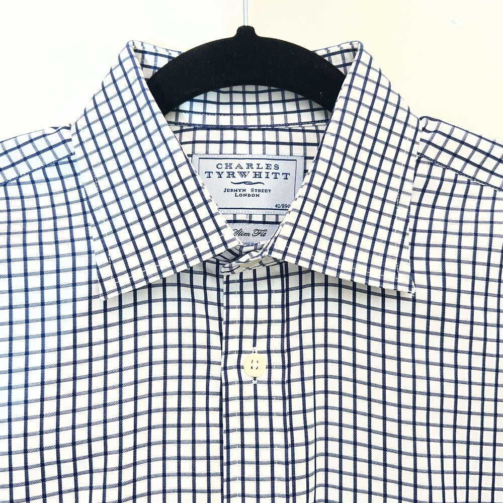 Charles Tyrwhitt 16/35 Slim Fit Dress Shirt White Navy Check Long Sleeve
